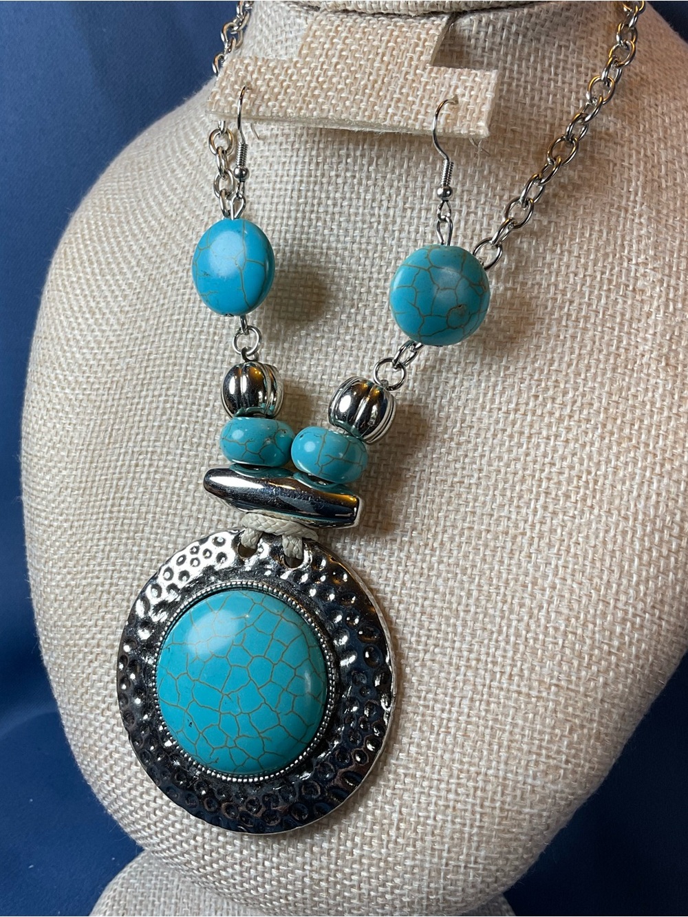 Turquoise Stone Pendant Necklace and Earrings Set Turquoise Southwestern Boho